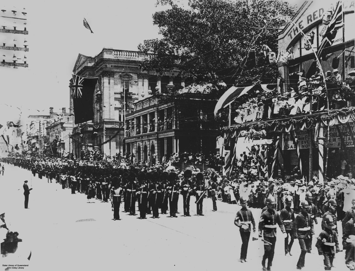 Imperial troops marching down Queen Street, Brisbane, Queensland, 1901