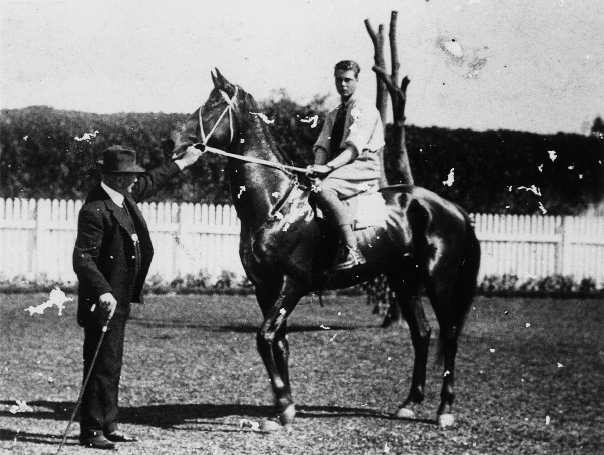 His Royal Highness, the Prince of Wales, on horseback at Ascot Racecourse, Brisbane in 1920