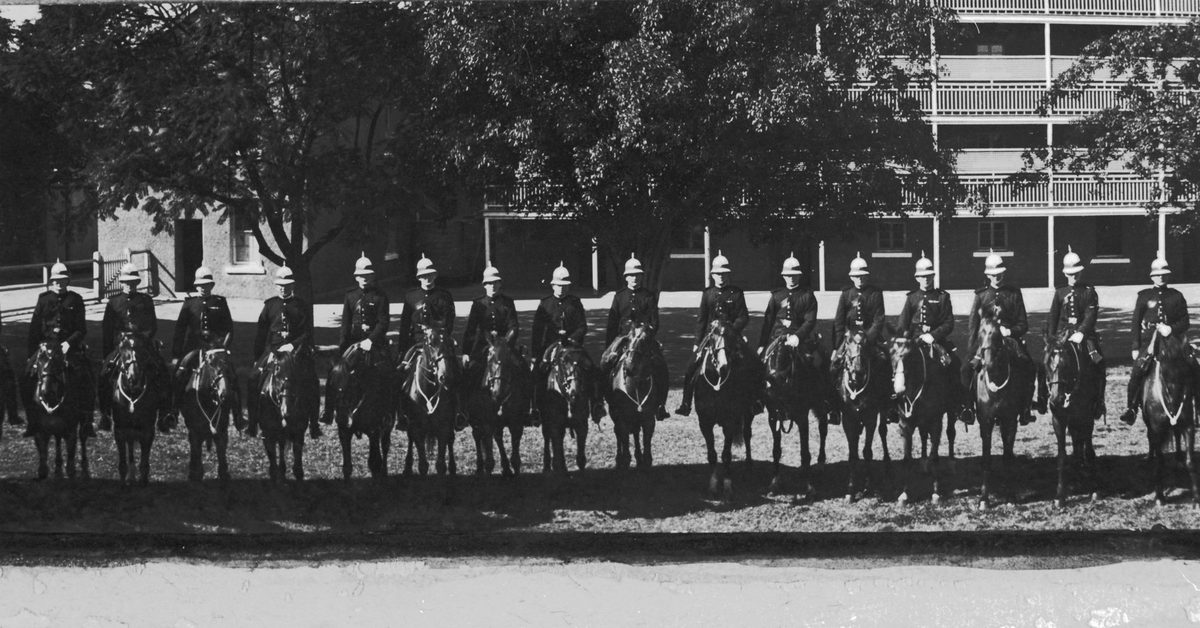 Mounted police at the Petrie Terrace Police Barracks, Brisbane, 1920