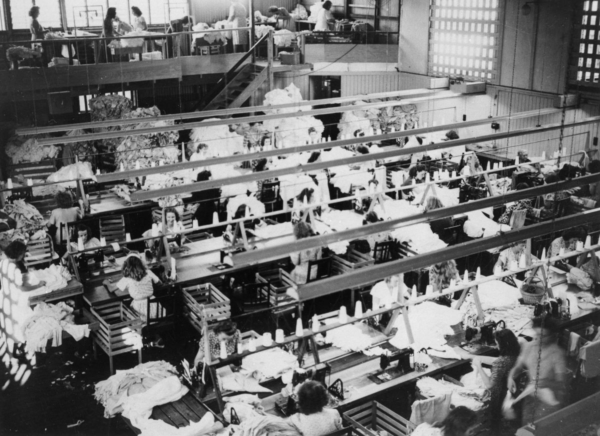 Interior view of the work area at the Pelaco Shirt Factory, Sandgate, 1948