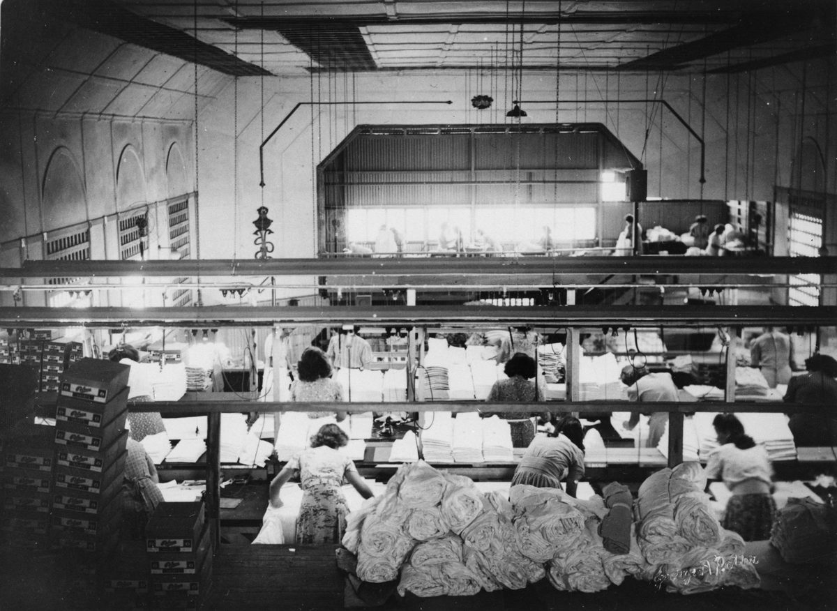 Looking down into the cutting area of the Pelaco Shirt Factory, Sandate, 1948