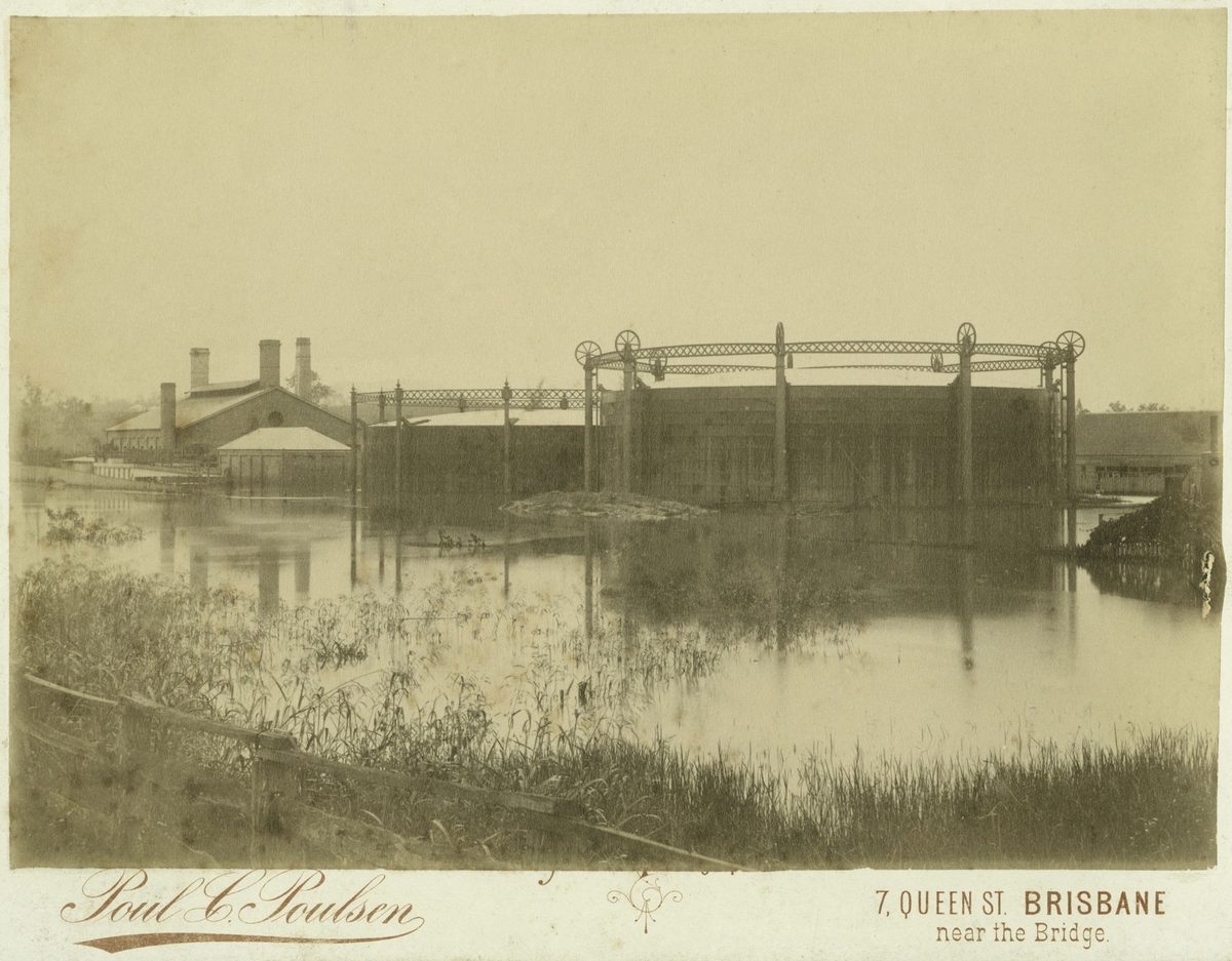 View of the South Brisbane Gas Works surrounded by flood water, 1890