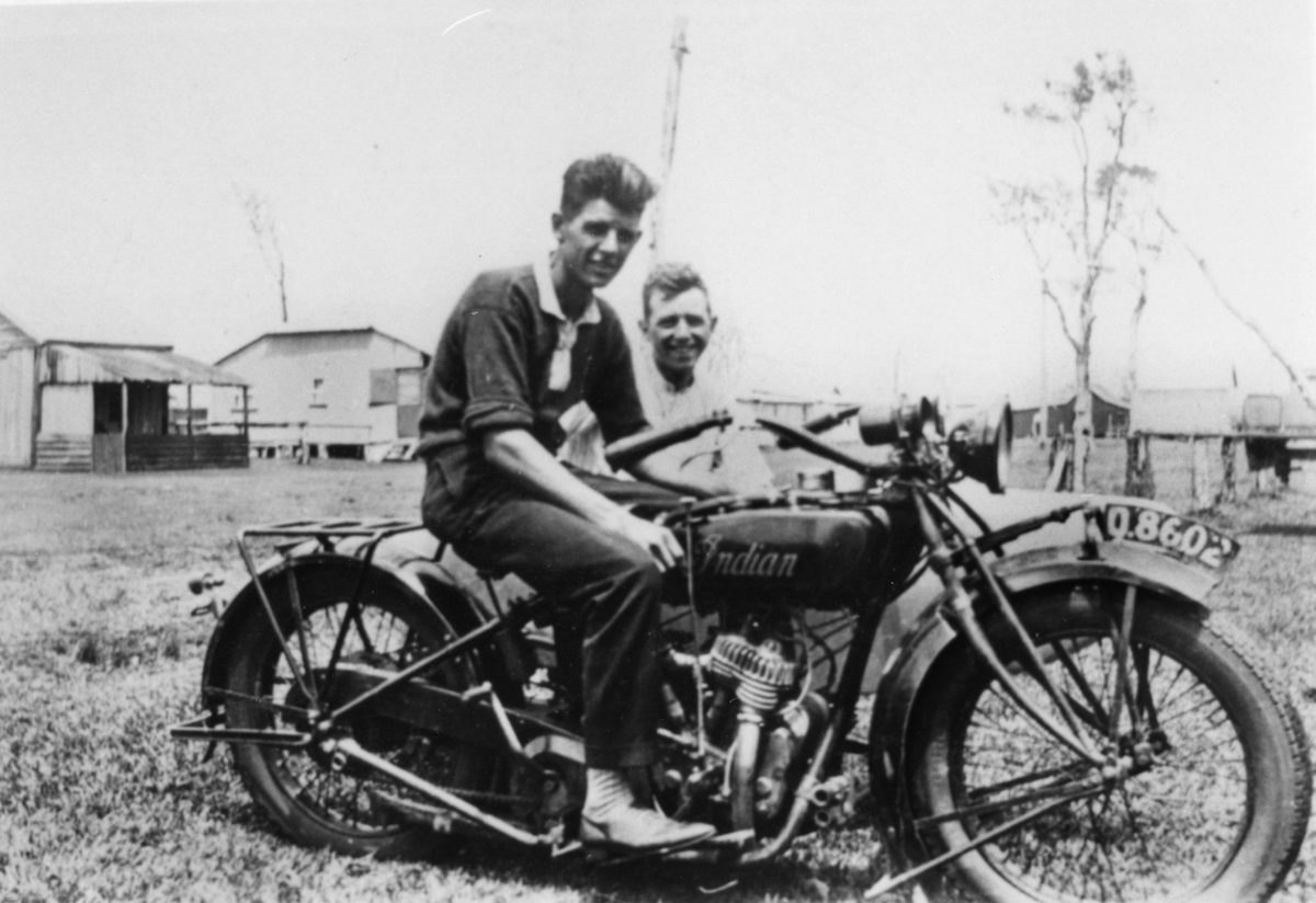 Cousins Eric and Henry Beck on their Indian motorcycle, Cribb Island, 1926