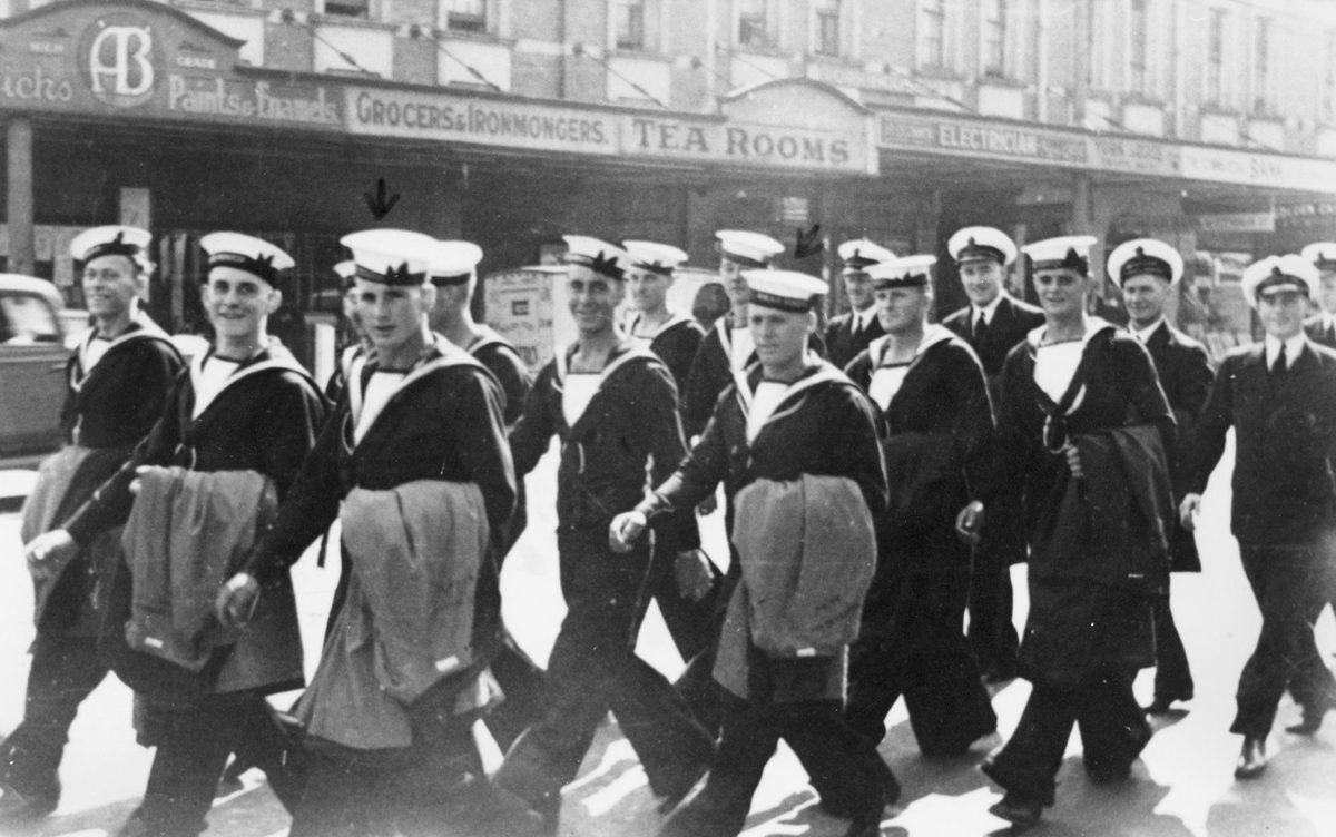 Sailors march along Queen Street, Brisbane, 1940