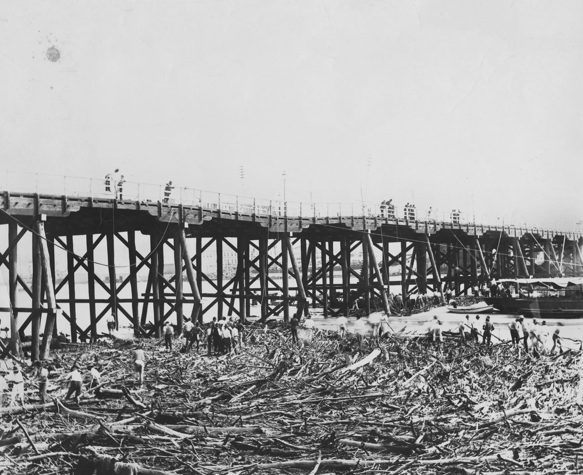 Workers below Victoria Bridge, cleaning up debris after the flood, Brisbane, 1896
