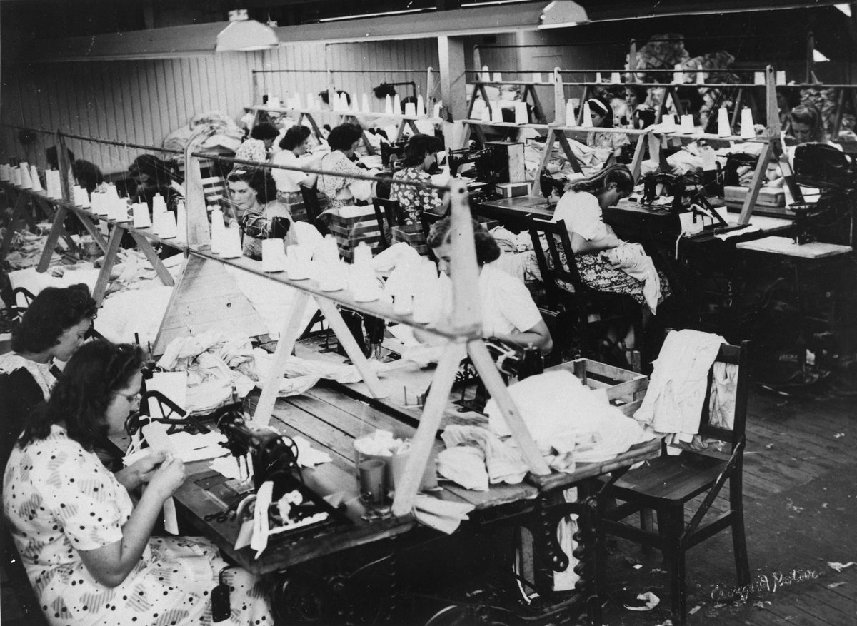 Sewing room at the Pelaco Shirt Factory, Sandgate, 1948