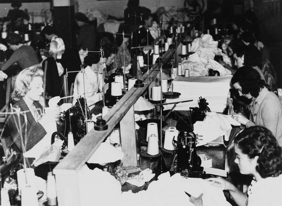 Sewing machinists at work making underwear for the armed forces