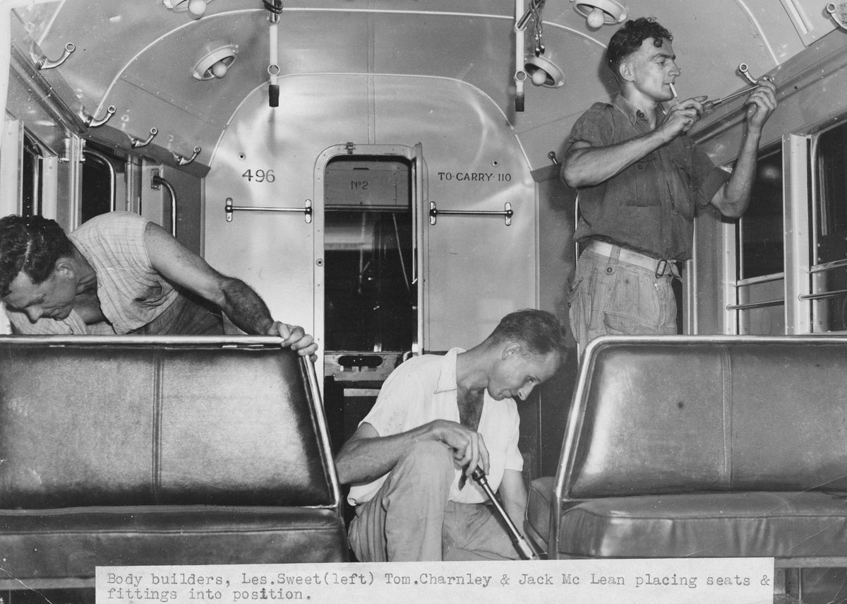 Fitting out the interior of a tram, Brisbane, 1949