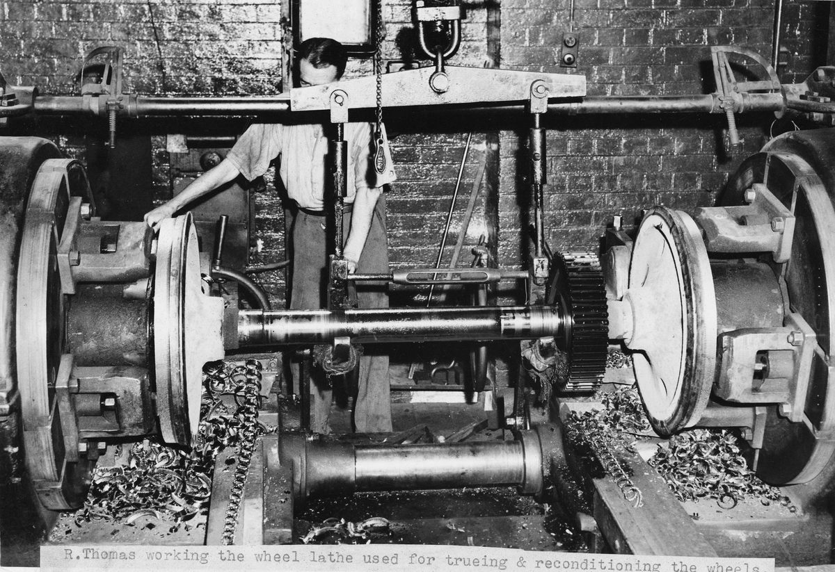Working the wheel lathe in the Brisbane tram workshops, 1949
