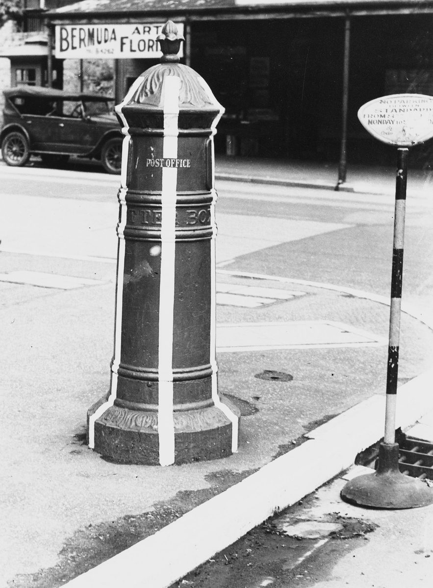 Pillar boxes in the city have received their war stripes, Brisbane, 1942