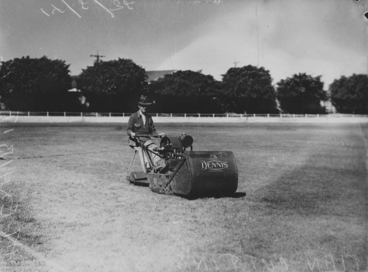 Lawn mowing at the Brisbane Exhibition grounds, 1938