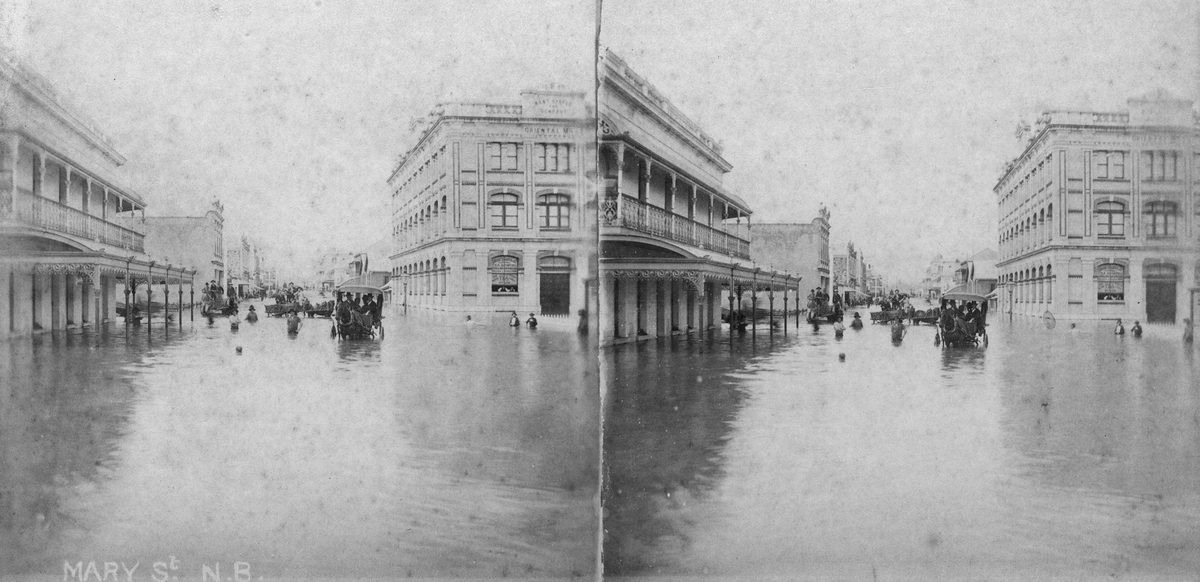 Stereoscopic view of Mary Street, Brisbane in flood, 1890