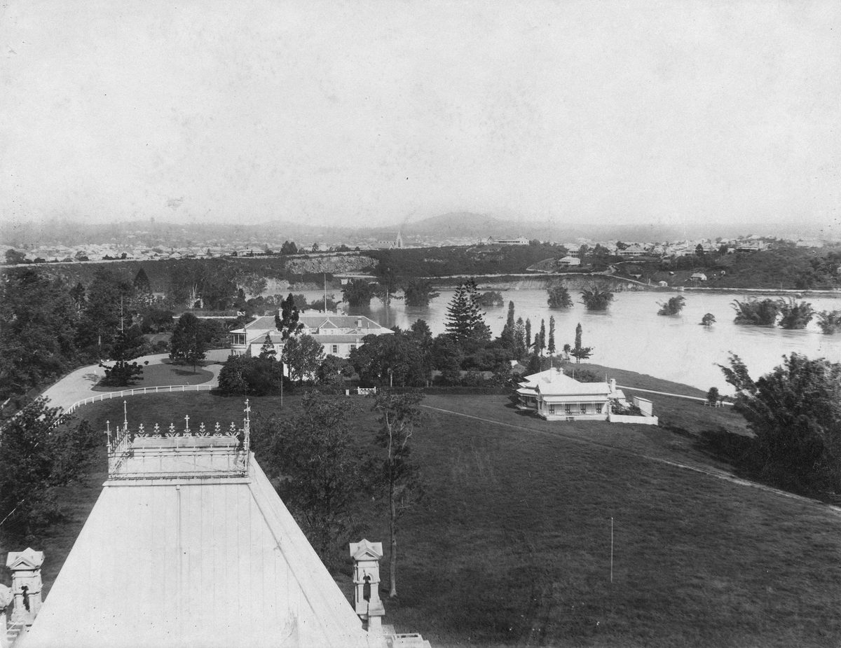 View of Old Government House seen from Parliament House, during the 1890 Brisbane floods