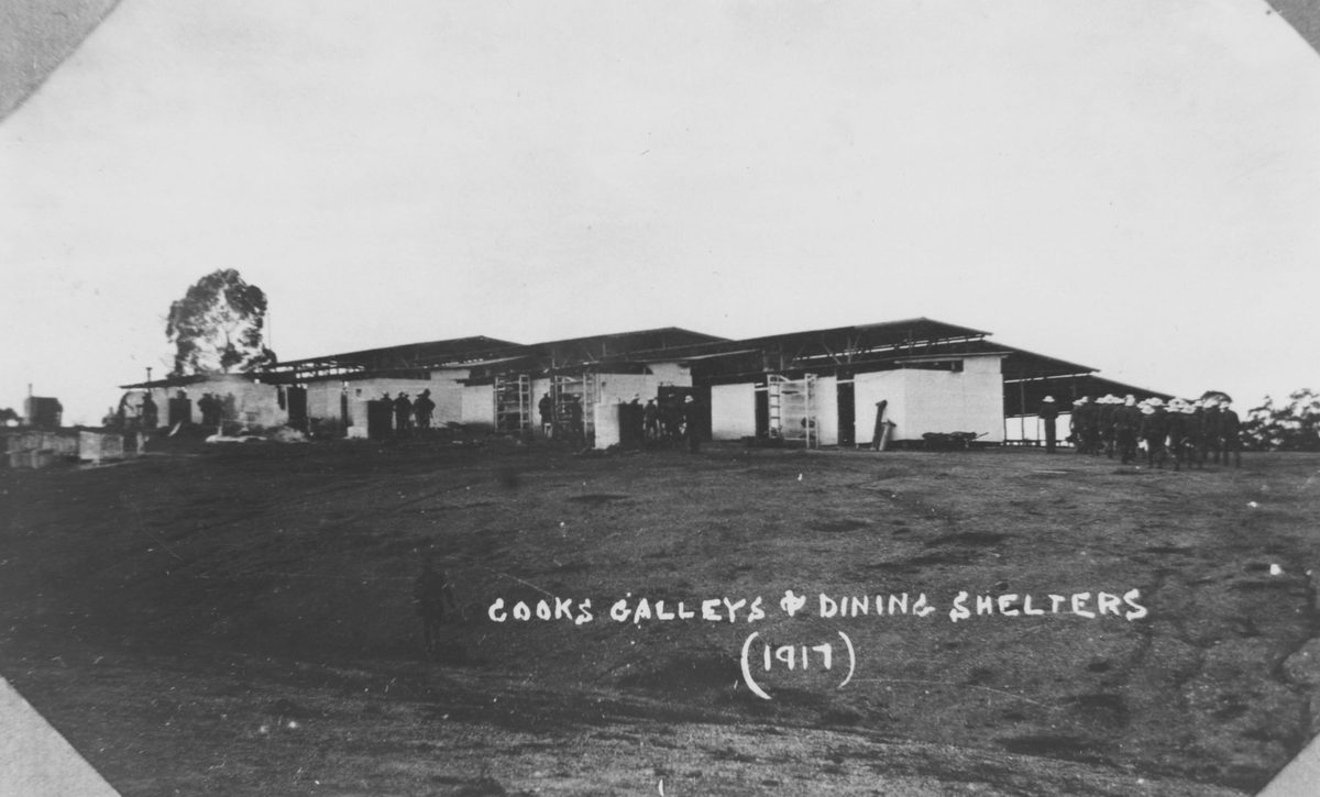 Cook's galleys and dining shelters, probably at the Enoggera Camp, Queensland, 1917