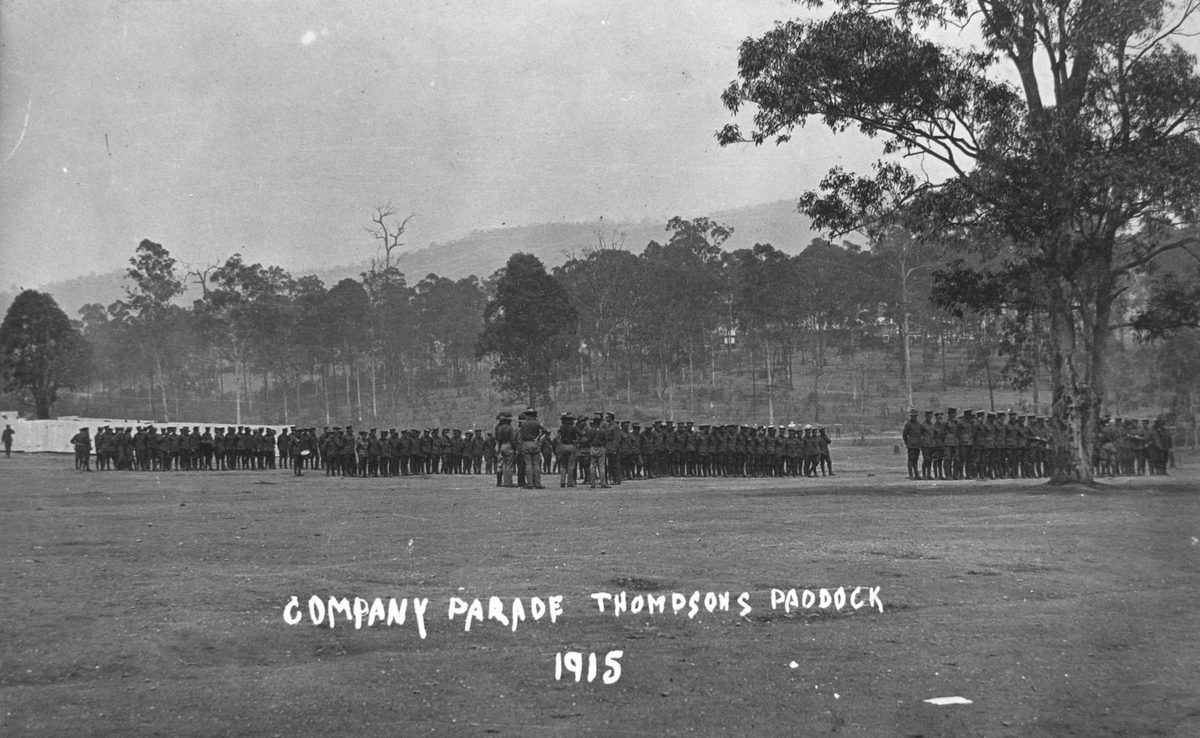 Company parade, Thompson's Paddock, Enoggera, Brisbane, 1915