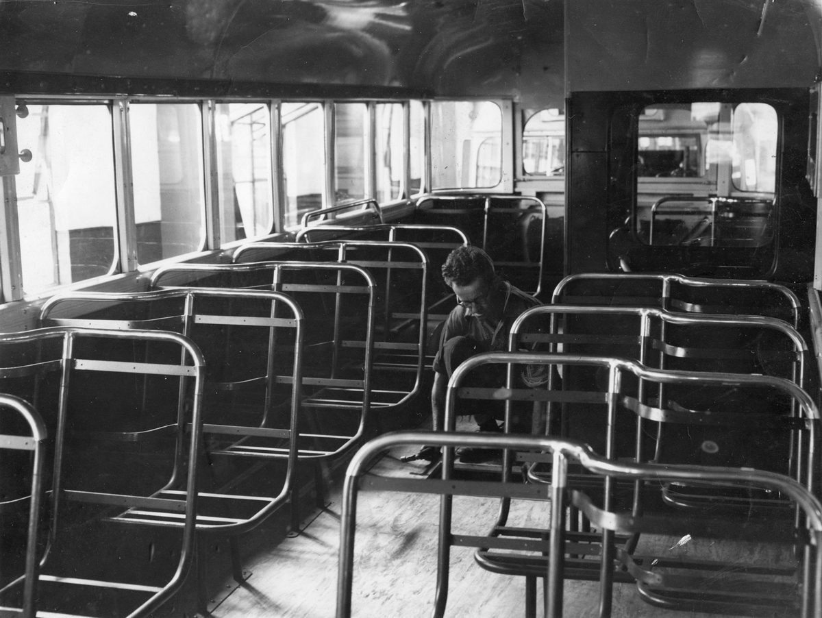 Fit out of a trolley bus, Brisbane, 1951