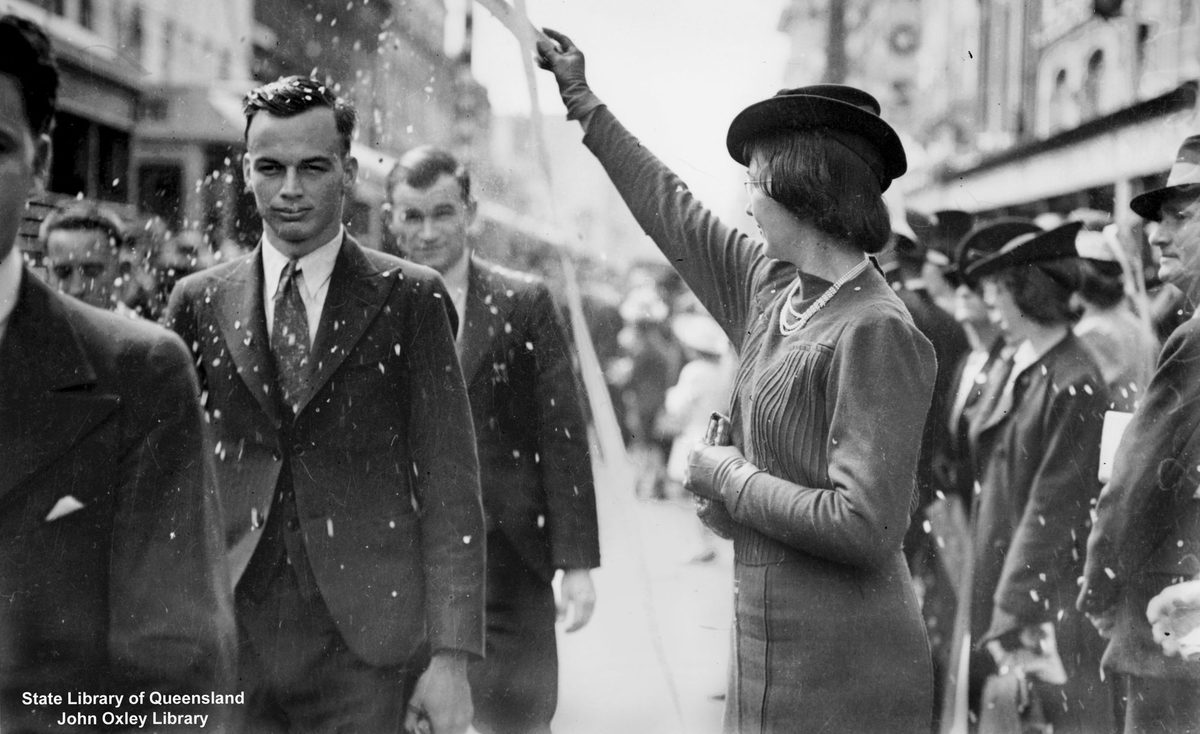 Recruits from the Royal Australian Air Force marching along Queen Street, Brisbane, 1940