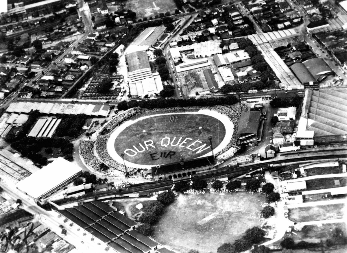 Aerial view of a display at the Exhibition Ground for Queen Elizabeth II, Brisbane, 1954