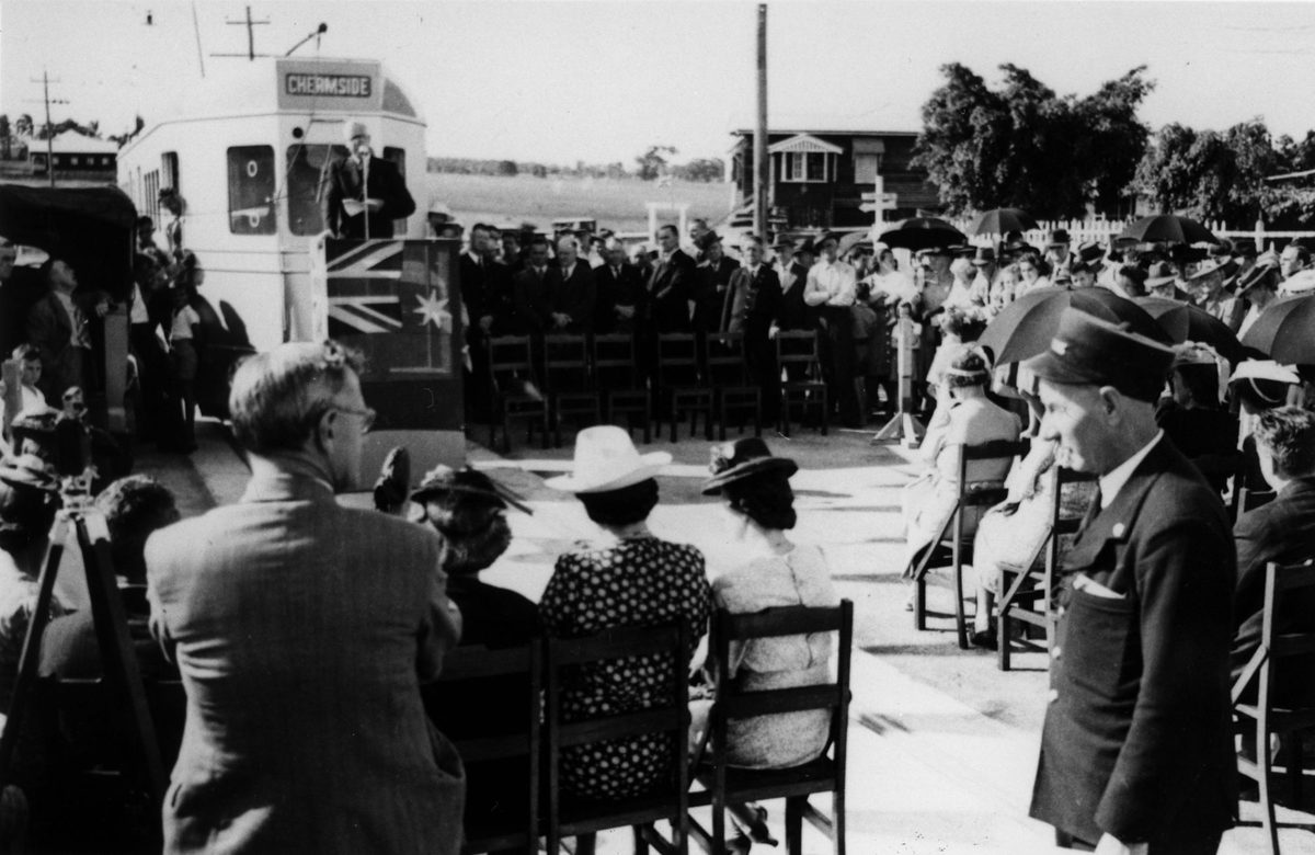 Official opening of the tramline to Chermside, 1947