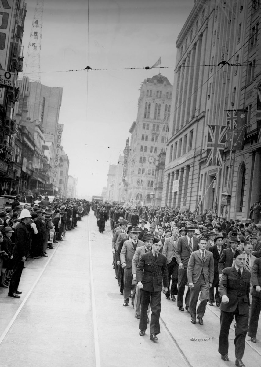 R.A.A.F. recruits marching along Queen Street, Brisbane, during World War II