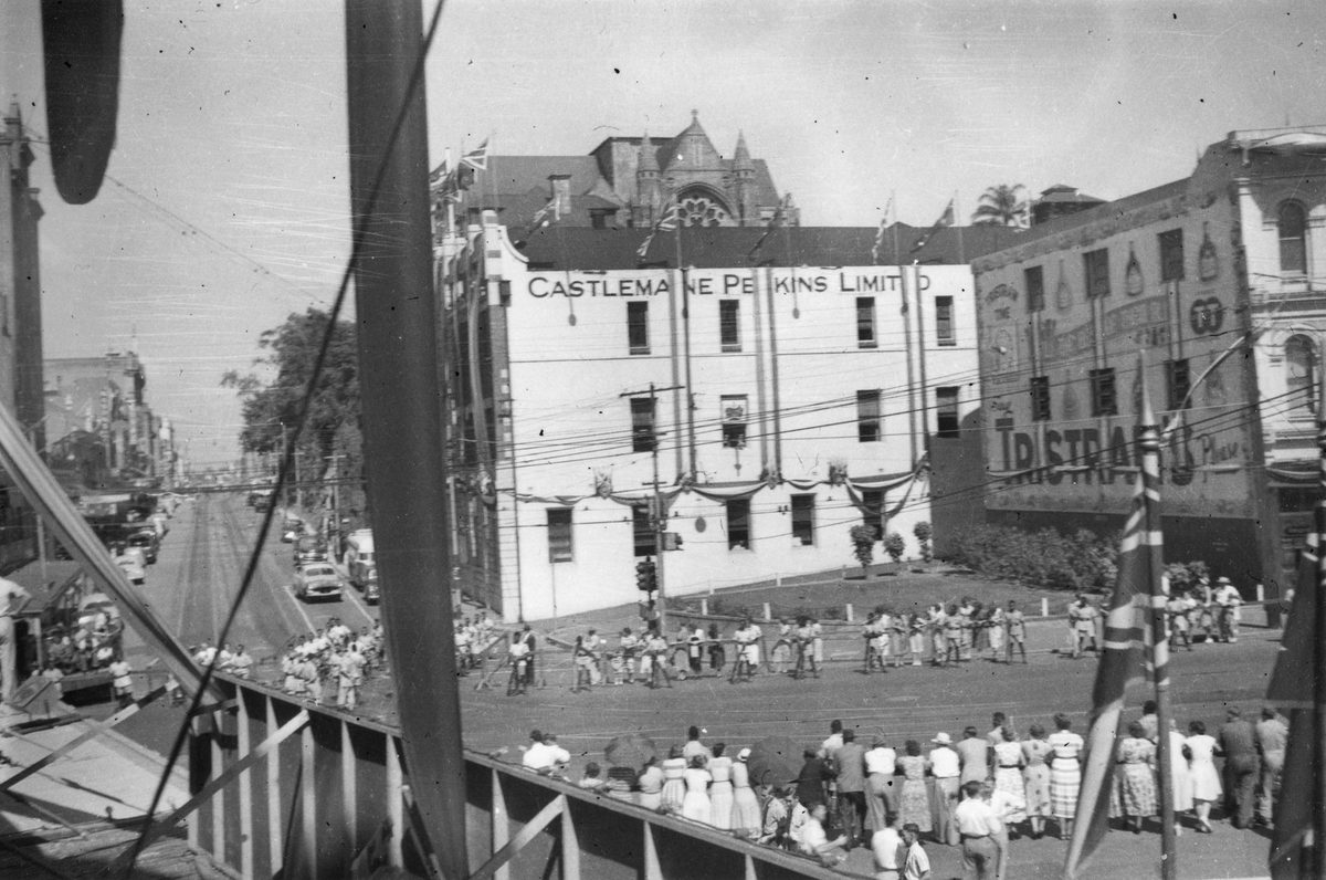 Brisbane street decorated in readiness for the Queen's visit, 1954