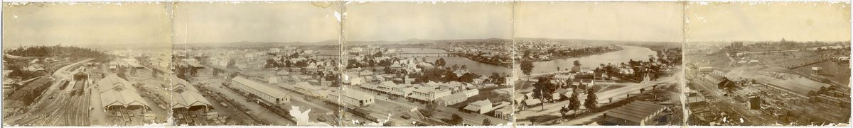Panorama of Brisbane including Roma Street railway yards and the Brisbane River, 1897