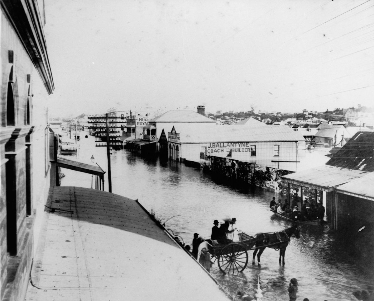 Flood waters in Stanley Street, South Brisbane, 1890