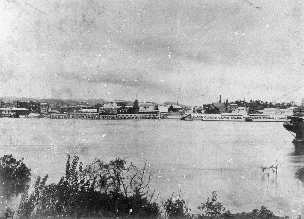 Wharves in Brisbane near the Town Reach during high flood waters, 1893