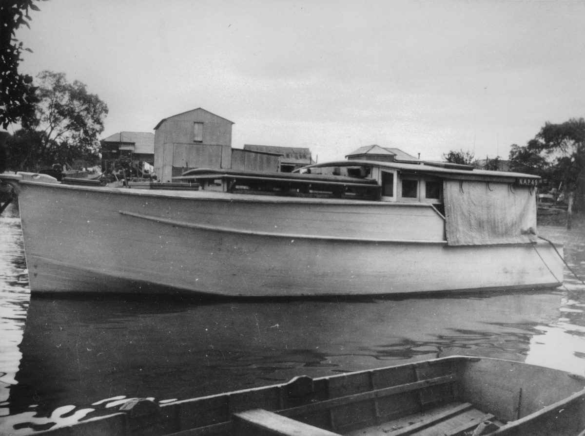 Boat owned by Alex Meller on Breakfast Creek in the Tripconny Boatyards, 1947