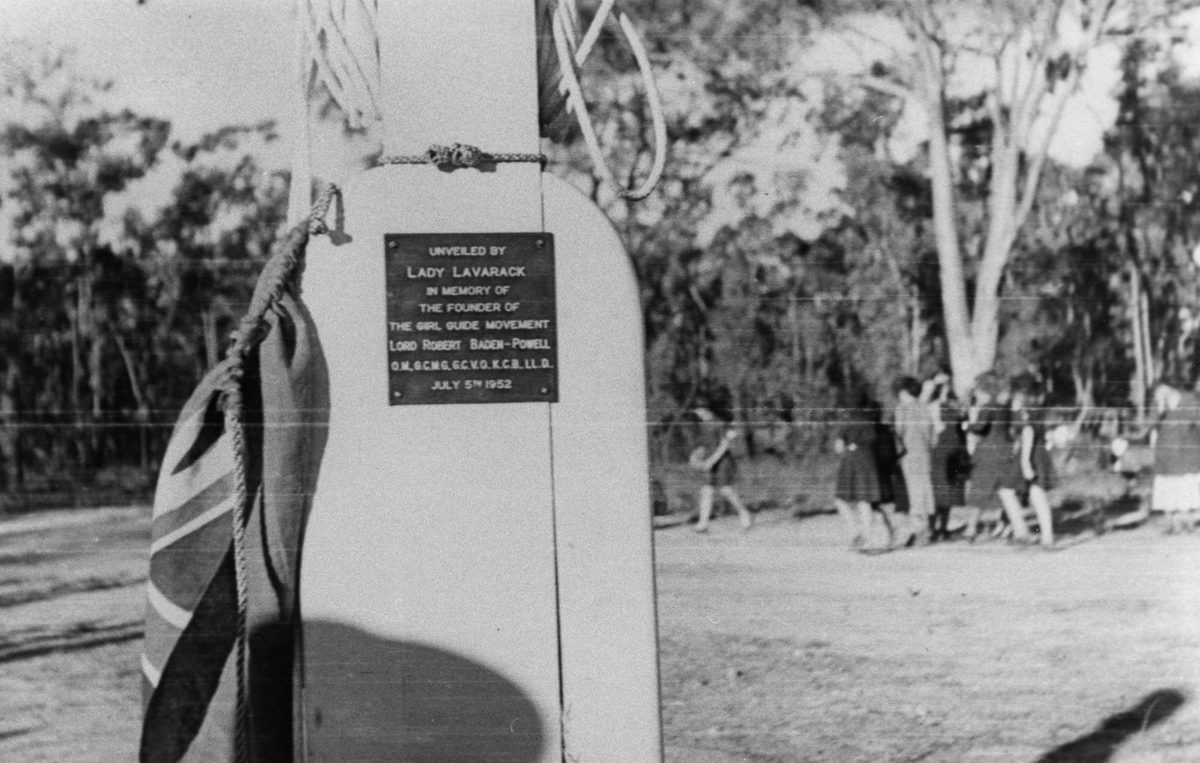 Memorial plaque on a flagpole at Kindilan, a camping and training centre at Redland Bay, 1952
