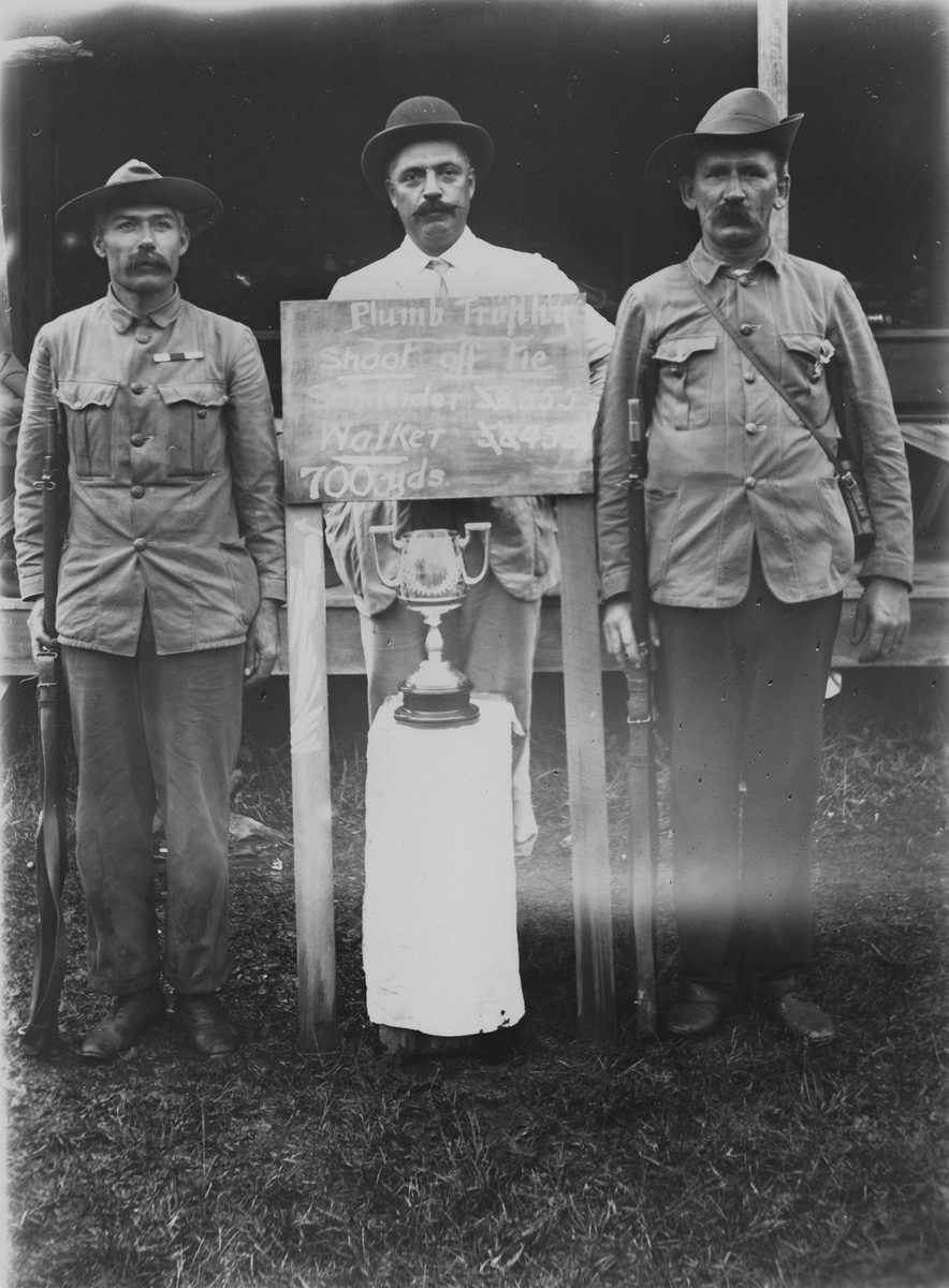 Trophy winners at a Logan and Albert District Rifle Meeting, Beenleigh, 1909