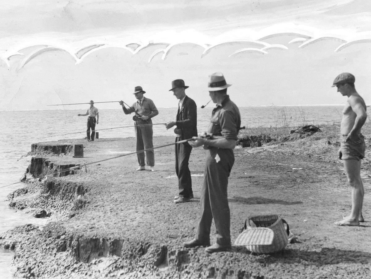 Fishing from the shore in Moreton Bay, 1936