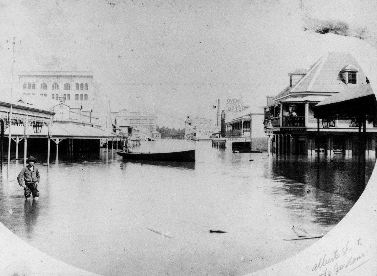View of the 1893 Brisbane flood from Albert Street to the Botanic Gardens.