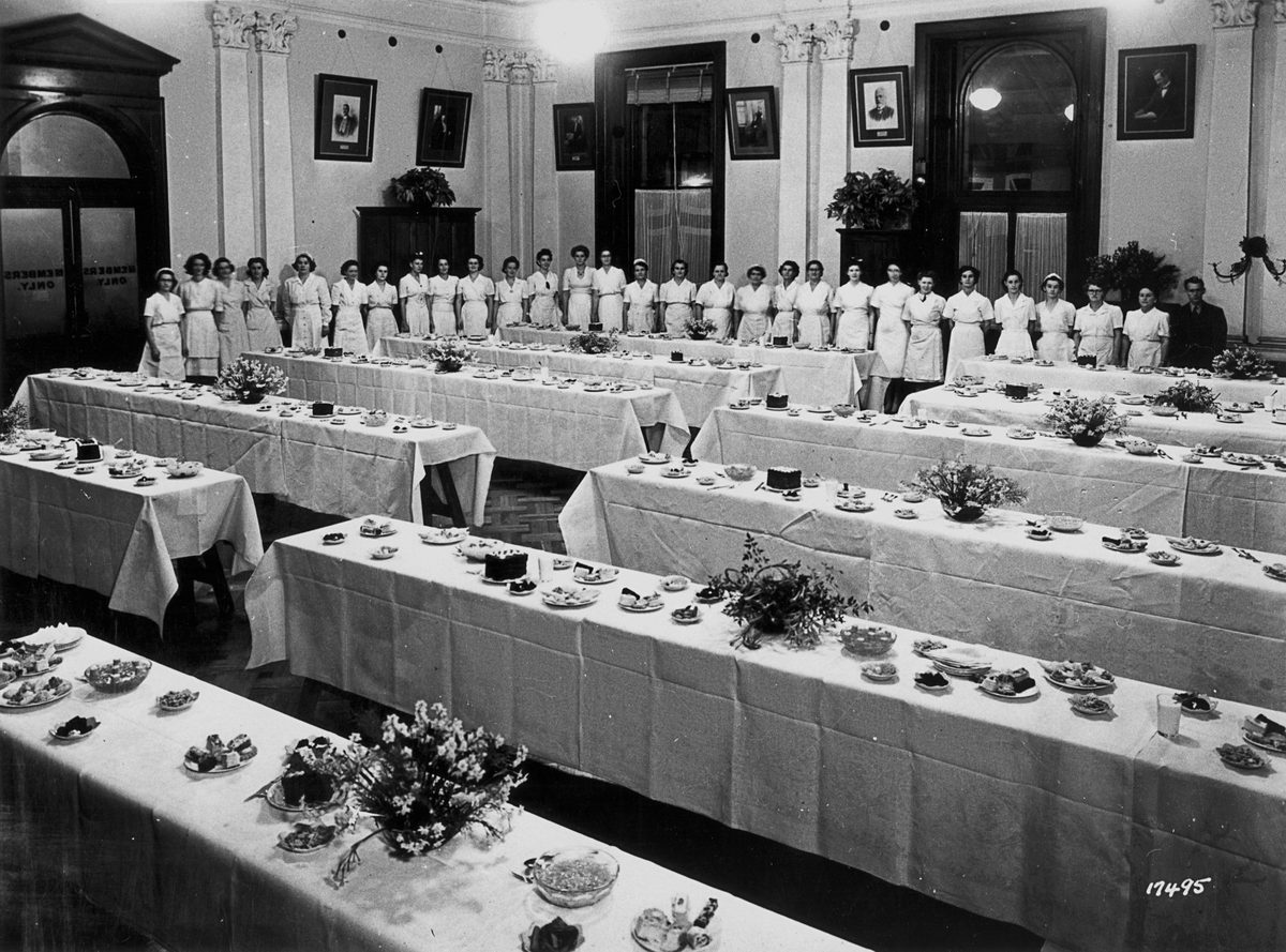 Tables set for a buffet supper at the State Reception in honour of the Duke and Duchess of Gloucester in Brisbane, June 1945