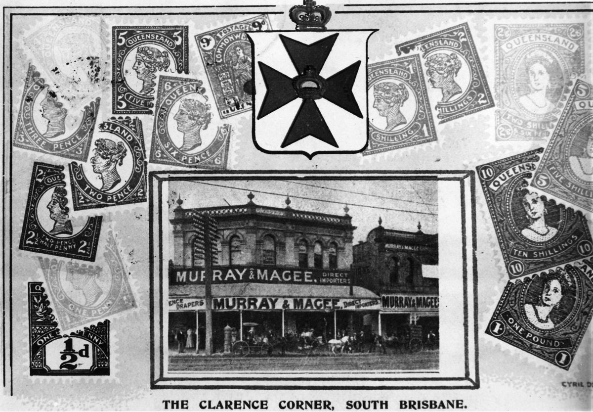 Image of Clarence Corner, surrounded by Queensland stamps, Woolloongabba, 1907