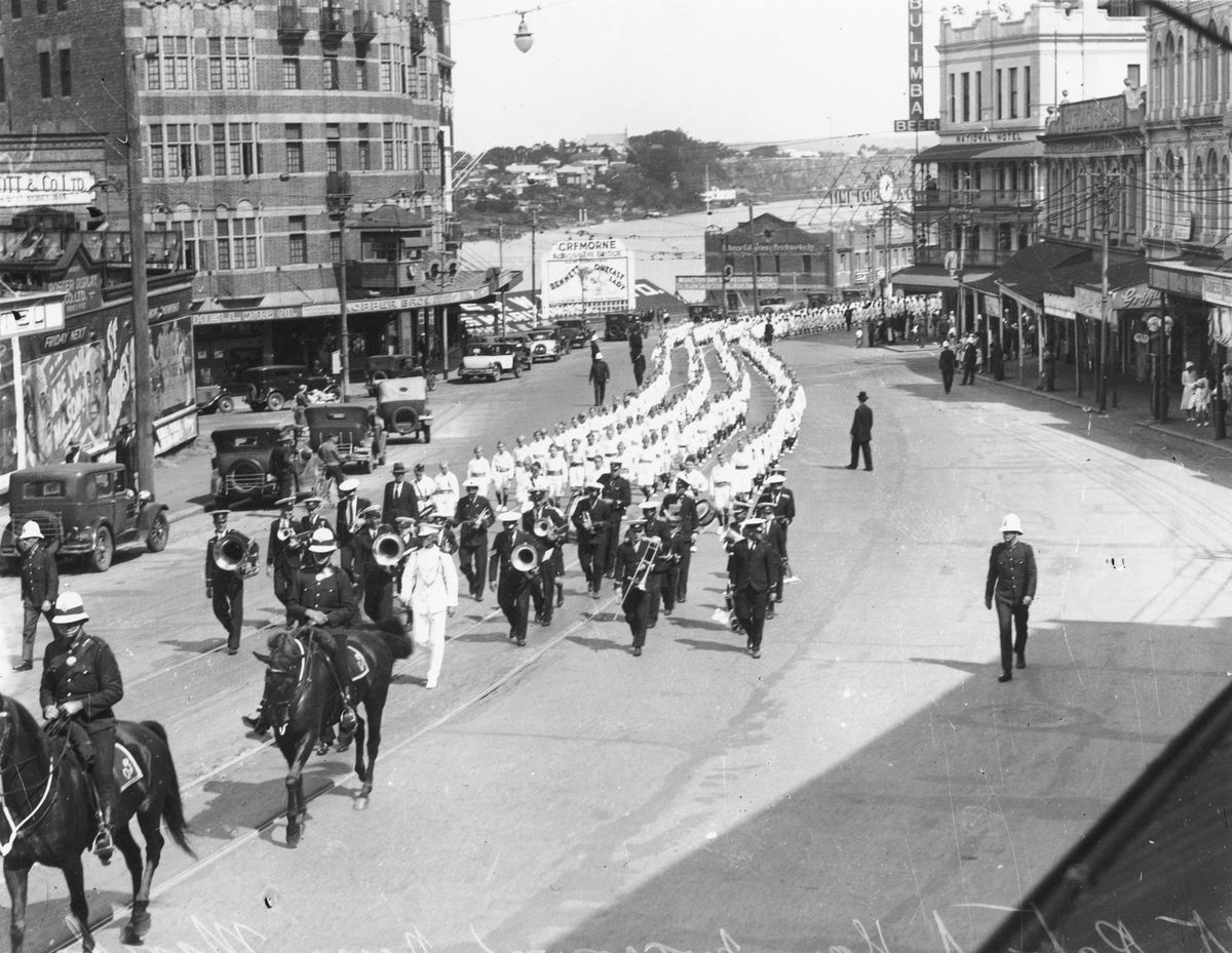 Boys marching in a St. Patrick's Day parade in Brisbane, 1935