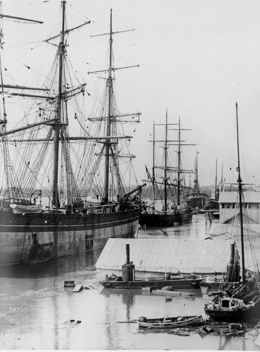 Sailing ships anchored at the Eagle Street Wharves, Brisbane, 1893