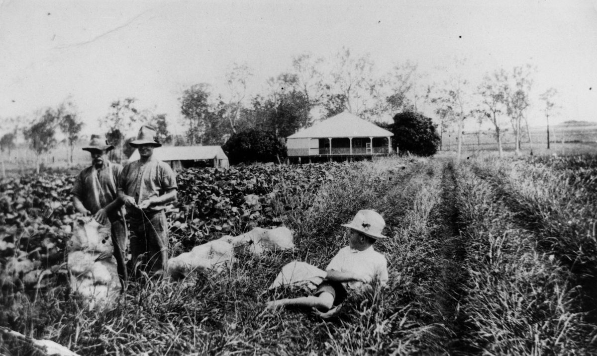 Young boy relaxes while two men work on Sid Albury's farm at Brackenridge, Brisbane, 1935